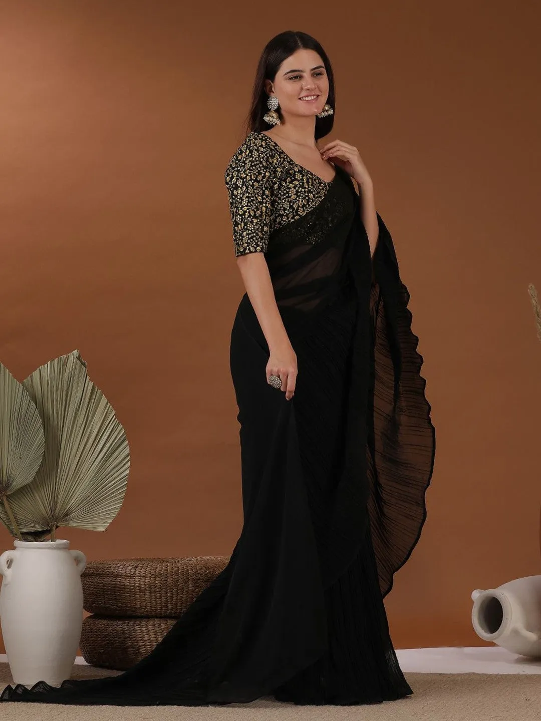 Black Accordian Pleat Ruffles Saree