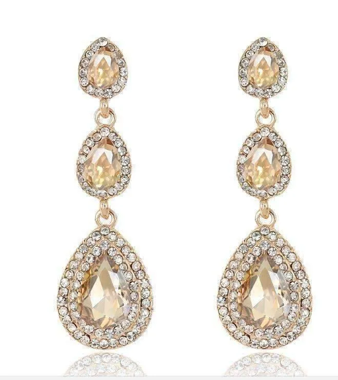 Classique Champagne Triple Crystal Drop Dangling Earrings for Woman