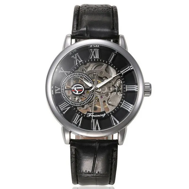 Vintage Design Luxury Mens Steampunk Skeleton Hollow Stainless Steel Automatic Mechanical Leather Wrist Watch Relogio Masculino