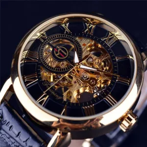 Vintage Design Luxury Mens Steampunk Skeleton Hollow Stainless Steel Automatic Mechanical Leather Wrist Watch Relogio Masculino