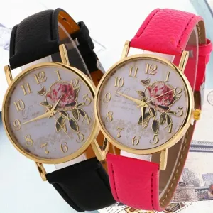 Women Watches Quartz Watch Women Arabic Number Rose Flower Round Dial Faux Leather Band Watch reloj mujer relogio feminino часы