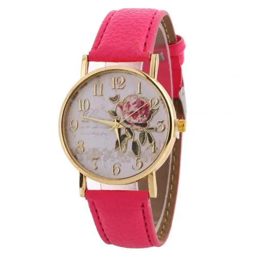 Women Watches Quartz Watch Women Arabic Number Rose Flower Round Dial Faux Leather Band Watch reloj mujer relogio feminino часы