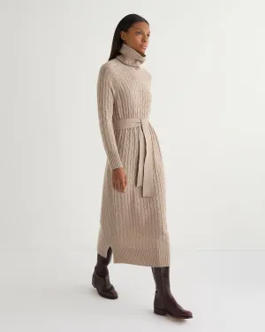 Women's Longline Cable Cashmere Dress Oatmeal Brown