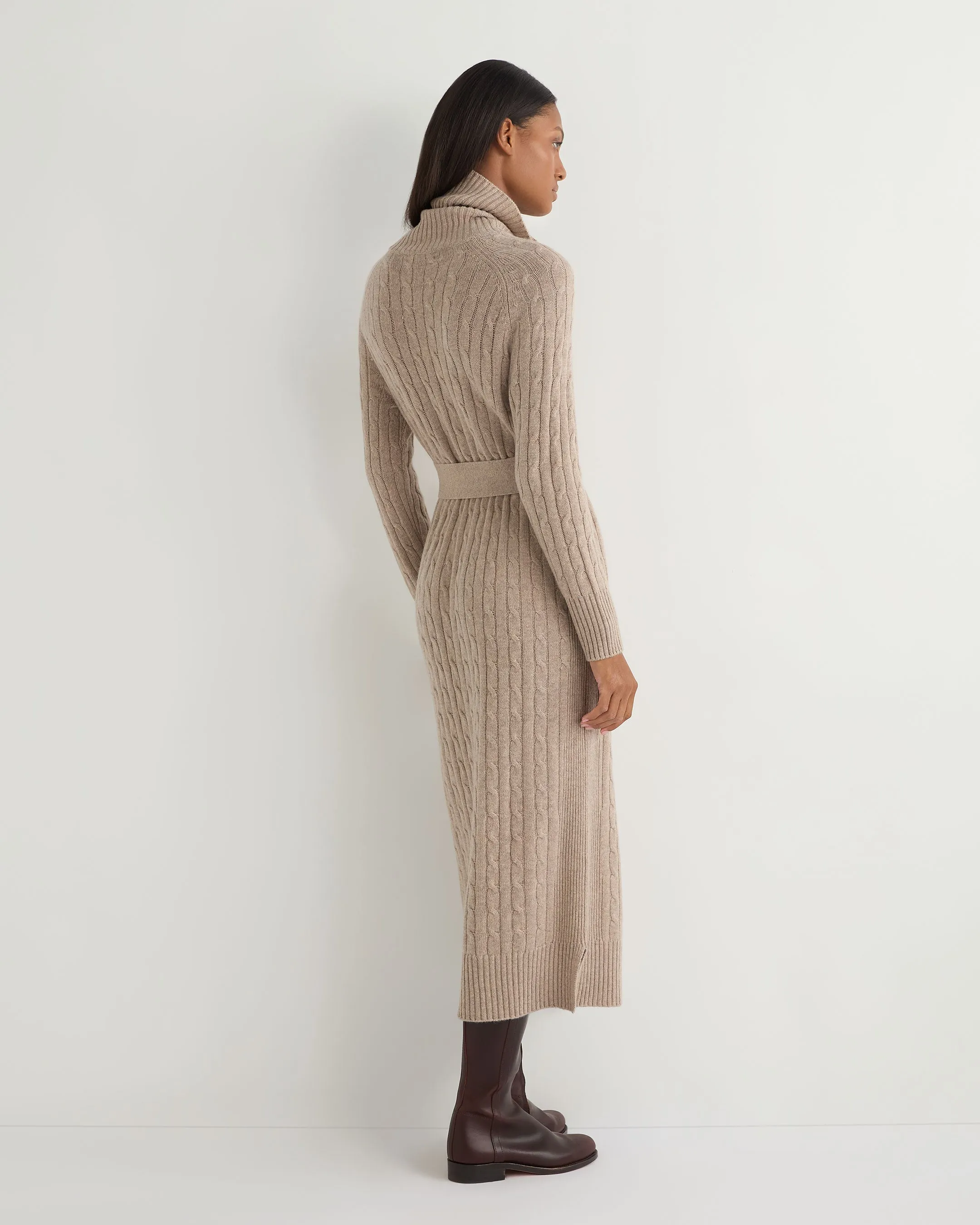 Women's Longline Cable Cashmere Dress Oatmeal Brown